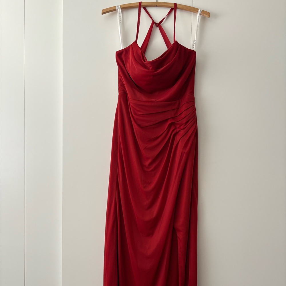 Azazie Red Ruched Maxi Dress Cowl Neck Sleeveless